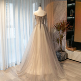 Light Grey Beaded Long Sleeves Fashionable Tulle Evening Dress, Tulle Grey Prom Dress Party Dress HZ1023