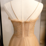Champagne Sequins Tulle Straps Long Evening Dress Party Dress, Sweetheart Prom Dress HZ1023