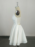 White v neck satin lace short prom dress, formal dresses, white homecoming dress HZ1023