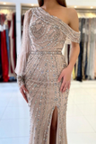 Long Sleeves Mermaid Prom Dress Split With Beadings HZ1023