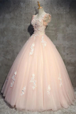 Light Peach Tulle Long Prom Dress With Flowers, Princess Ball Gown Sheer Neck Party Dress HZ1023