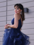 A-Line/Elegant Tulle Layers V-neck Sleeveless Floor-Length Prom Dresses HZ1023