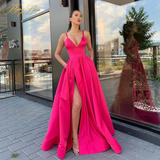 Llyge Sexy V Neck Satin Evening Dresses Spaghetti Strap Side Slit Prom Dress High Waist Evening Gowns Party Dress HZ1023