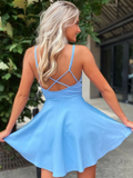 A Line V Neck Short Blue Satin Prom Dresses, Short Blue Satin Formal Homecoming Dresses HZ1023