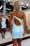 One-Shoulder White Iridescent Sequin Cutout Mini Party Dress HZ1023