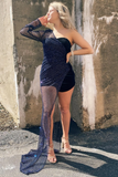 Asymmetrical Navy Blue Romper with Attached Train HZ1023