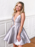 A Line V Neck Short Silver Gray Prom Dresses, Short Silver Grey Formal Homecoming Dresses HZ1023