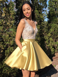 A Line V Neck Short Yellow Beaded Prom Dresses, Short Yellow Beaded Formal Homecoming Dresses HZ1023