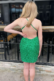 Green Sequin V-Neck Lace-Up Tight Short Homecoming Dress HZ1023
