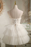 Multi-Tiered White V-Neck Short Party Dress HZ1023