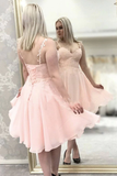 Pink Spaghetti Straps Lace Appliques Short Homecoming Dress HZ1023
