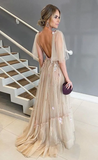 A-Line V-Neck Long Prom Dress with appliques HZ1023