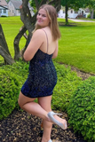 Dark Blue Beaded Spaghetti Straps Bodycon Mini Party Dress HZ1023