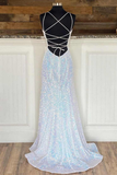 Silver Sequin V-Neck Empire Mermaid Long Prom Dress HZ1023