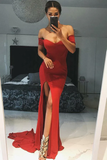 Blue Mermaid Off the Shoulder Short Sleeve Satin Prom Dresses with Slit HZ1023