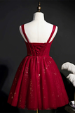 Sparkle Wine Red Straps Lace-Up Short Homecoming Dress HZ1023