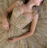 Gold sequin tulle corset fairy starlight gown long ball gown evening dress HZ1023