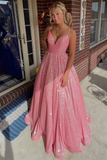 Pink Sequin Empire Long Prom Dress HZ1023