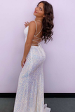 Pink Sequin V-Neck Side Slit Mermaid Long Formal Dress HZ1023