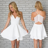 White Satin Spaghetti Straps Short Mini White V neck Homecoming Dresses HZ1023