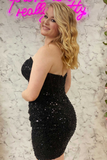 Black Sequin Strapless Tight Mini Homecoming Gown HZ1023