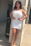 White Strapless Feather Bodycon Short Party Dress HZ1023