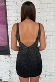 Dark Blue Beaded Plunge Neck Bodycon Mini Party Dress HZ1023