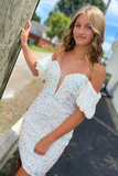 Lavender Sequin Puff Sleeve Bodycon Mini Homecoming Dress HZ1023