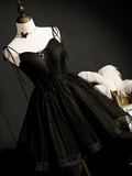 Black Straps Tulle Short Homecoming Dress Prom Dress, Little Black Party Dresses HZ1023