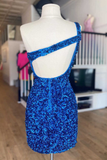 One-Shoulder Hot Pink Sequin Keyhole Mini Homecoming Dress HZ1023