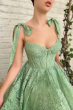 Sage Green Tea Length Lace Corset Wedding Guest Dress Prom Dress HZ1023