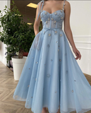 Light Blue A-Line Prom Dresses Spaghetti Straps Long Evening Formal Gown HZ1023