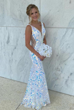 White colorful shiny elegant exquisite sequins sexy v neck long side beading mermaid slim fit floor length train prom dress evening gown party dress HZ1023