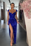 SEXY ROYAL BLUE SEQUINS CAP SLEEVE PROM DRESS SPLIT HZ1023