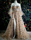 Off the shoulder long prom dress with start appliques HZ1023