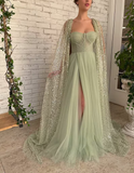 Sage Green Prom dress A line Floor-length Aurora Cape Tulle Prom Dress HZ1023