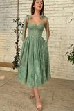 Sage Green Tea Length Lace Corset Wedding Guest Dress Prom Dress HZ1023