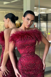 Burgundy off the shoulder mermaid long evening gown ball gown with slits sequins beads feathers HZ1023