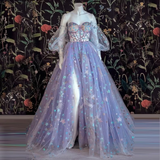 Light Purple Tulle Dress Floral Dress Off Shoulder Sweetheart Dress A-line Evening Dresses With Slit Start Applique Long Dress HZ1023