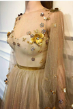 Chic A-line Scoop Floor Length Long Sleeves Applique Long Tulle Prom Dresses Evening Dresses HZ1023