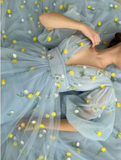 Blue floral tulle dress, Tulle dress prom, V-Neck puff sleeves prom dress, Wedding dress, Bridesmaid dress, Mesh Princess Dress HZ1023