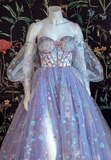 Light Purple Tulle Dress Floral Dress Off Shoulder Sweetheart Dress A-line Evening Dresses With Slit Start Applique Long Dress HZ1023