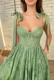 Sage Green Tea Length Lace Corset Wedding Guest Dress Prom Dress HZ1023