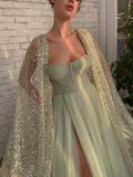 Sage Green Prom dress A line Floor-length Aurora Cape Tulle Prom Dress HZ1023