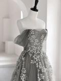 Gray Sweetheart Neck A line Lace Long Prom Dress, Gray Formal Dress HZ1023