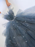 Blue gorgeous sparkling exquisite beaded long tulle ball gown evening dress with rhinestones multi-layered dress HZ1023