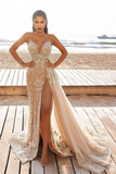 Spaghetti Straps V Neck Tulle Appliques Lace High-Split Mermaid Prom Dresses HZ1023