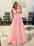 V Neck and V Back Pink Tulle Long Prom Dresses, V Neck Pink Formal Graduation Evening Dresses HZ1023