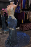 Sheath Blue Open Front Backless Long Halter Prom Dress HZ1023