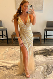 Sparkly Golden V-Neck Sequins Long Prom Dress HZ1023